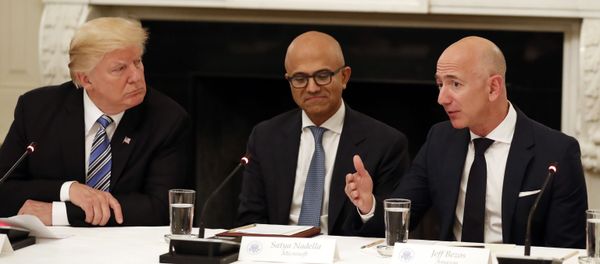 FILE - In this June 19, 2017, file photo, President Donald Trump, from left, and Satya Nadella, Chief Executive Officer of Microsoft, listen as Jeff Bezos, Chief Executive Officer of Amazon, speaks during an American Technology Council roundtable in the State Dinning Room of the White House in Washington - Sputnik International