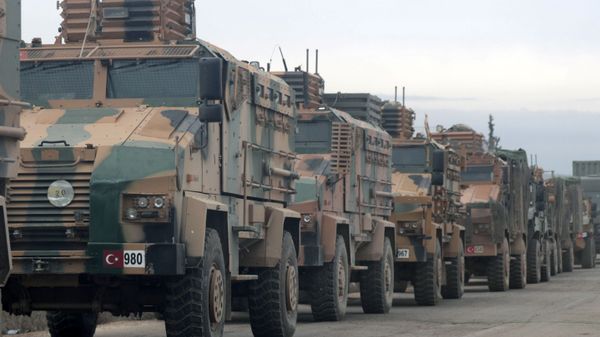 Turkish military vehicles are seen in Hazano near Idlib, Syria, February 11, 2020 Turkish military vehicles are seen in Hazano near Idlib, Syria, February 11, 2020 - Sputnik International