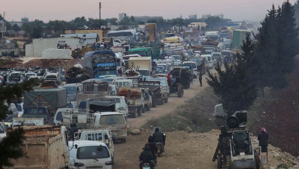 A general view of trucks carrying belongings of displaced Syrians, is pictured in the town of Sarmada in Idlib province, Syria, January 28, 2020 A general view of trucks carrying belongings of displaced Syrians, is pictured in the town of Sarmada in Idlib province, Syria, January 28, 2020 - Sputnik International