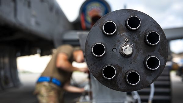 A 30mm GAU-8 Gatling Gun system gets secured during unscheduled maintenance, July 23, 2019, at Moody Air Force Base, Ga. Unscheduled maintenance occurs when discrepancies are discovered with A-10C Thunderbolt II weapon systems - Sputnik International