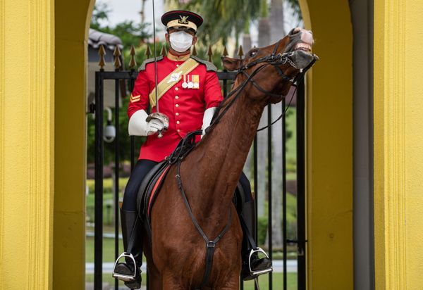 A Royal Lance Guard wears a protective facemask at the National Palace amid fears over the spread of the COVID-19 coronavirus in Kuala Lumpur on February 19, 2020.  - Sputnik International