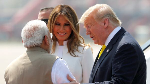 US President Donald Trump and first lady Melania Trump are welcomed by Indian Prime Minister Narendra Modi as they arrive at Sardar Vallabhbhai Patel International Airport in Ahmedabad, India, 24 February 2020. US President Donald Trump and first lady Melania Trump are welcomed by Indian Prime Minister Narendra Modi as they arrive at Sardar Vallabhbhai Patel International Airport in Ahmedabad, India, 24 February 2020. - Sputnik International