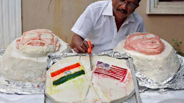 Chef Iniavan applies finishing touches to Idli, a rice cake, made by him in the shapes of U.S. Donald Trump, Indian Prime Minister Narendra Modi and U.S. and Indian flags to welcome him to India Chef Iniavan applies finishing touches to Idli, a rice cake, made by him in the shapes of U.S. Donald Trump, Indian Prime Minister Narendra Modi and U.S. and Indian flags to welcome him to India - Sputnik International