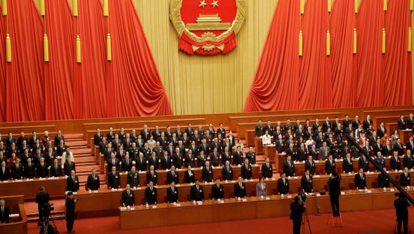File picture of officials singing the national anthem at the closing session last year of the National People's Congress (NPC) at the Great Hall of the People in Beijing, China March 15, 2019. - Sputnik International