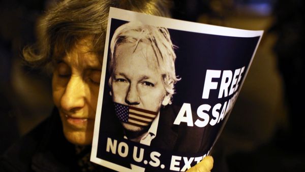 A demonstrator holds a placard in support of WikiLeaks founder Julian Assange during a protest against his extradition to the United States, in Barcelona, Spain February 24, 2020. A demonstrator holds a placard in support of WikiLeaks founder Julian Assange during a protest against his extradition to the United States, in Barcelona, Spain February 24, 2020. - Sputnik International
