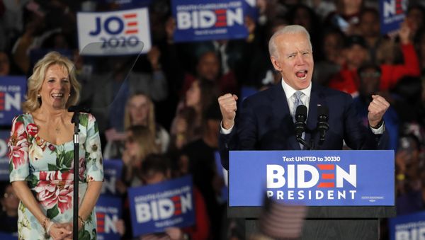Democratic presidential candidate former Vice President Joe Biden, accompanied by his wife Jill Biden, speaks at a primary night election rally in Columbia, S.C., Saturday, Feb. 29, 2020. - Sputnik International