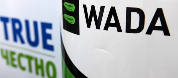 The World Anti-Doping Agency or WADA logo is pictured at the Russkaya Zima (Russian Winter) Athletics competition in Moscow on February 9, 2020. - Sputnik International