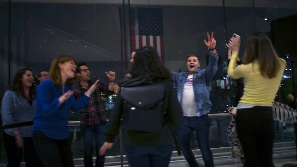 Campaign staff cheer after Democratic Presidential candidate former Vice President Joe Biden addressed media during a primary night event on March 10, 2020 in Philadelphia, Pennsylvania - Sputnik International