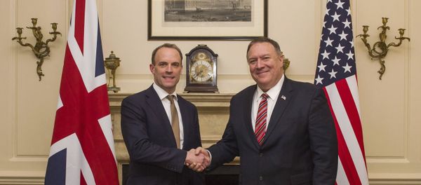 UK Foreign Secretary Dominic Raab shakes hands with US Secretary of State Mike Pompeo, right, in London, Wednesday Jan. 29, 2020. UK Foreign Secretary Dominic Raab shakes hands with US Secretary of State Mike Pompeo, right, in London, Wednesday Jan. 29, 2020. - Sputnik International