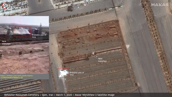 Satellite image of mass graves prepared at the Behesht-e Masoumeh cemetery in Qom, Iran, for those killed by the COVID-19 coronavirus. Taken March 1, 2020. - Sputnik International
