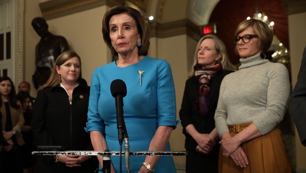 U.S. Speaker of the House Rep. Nancy Pelosi (D-CA) speaks to members of the media as Rep. Lizzie Fletcher (D-TX), Rep. Abigail Spanberger (D-VA) and Rep. Susie Lee (D-NV) listen at the U.S. Capitol March 13, 2020 U.S. Speaker of the House Rep. Nancy Pelosi (D-CA) speaks to members of the media as Rep. Lizzie Fletcher (D-TX), Rep. Abigail Spanberger (D-VA) and Rep. Susie Lee (D-NV) listen at the U.S. Capitol March 13, 2020 - Sputnik International