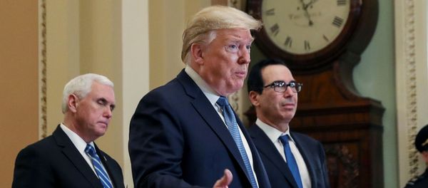 U.S. President Donald Trump is flanked by Vice President Mike Pence and Treasury Secretary Steven Mnuchin as he speaks to members of the news media following a closed Senate Republican policy lunch meeting to discuss the response to the coronavirus outbreak with senators on Capitol Hill in Washington, U.S., March 10, 2020 U.S. President Donald Trump is flanked by Vice President Mike Pence and Treasury Secretary Steven Mnuchin as he speaks to members of the news media following a closed Senate Republican policy lunch meeting to discuss the response to the coronavirus outbreak with senators on Capitol Hill in Washington, U.S., March 10, 2020 - Sputnik International