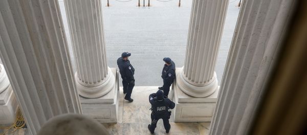 U.S. Capitol Police officers stand atop of the U.S. Senate stairway, ahead of a vote on the coronavirus relief bill, on Capitol Hill in Washington, U.S., March 25, 2020.  - Sputnik International