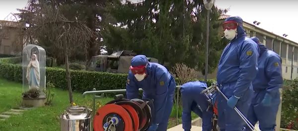 Russian military experts prepare to carry out a complete sanitary disinfection treatment of the Martino Zanchi care home for the elderly in a suburb of Bergamo, Italy. Russian military experts prepare to carry out a complete sanitary disinfection treatment of the Martino Zanchi care home for the elderly in a suburb of Bergamo, Italy. - Sputnik International