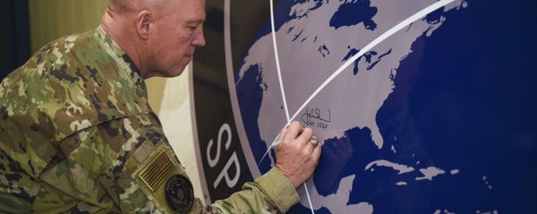 General John Raymond, U.S. Space Force chief of space operations, signs the United States Space Command sign inside of the Perimeter Acquisition Radar building Jan. 10, 2020, on Cavalier Air Force Station, North Dakota. General John Raymond, U.S. Space Force chief of space operations, signs the United States Space Command sign inside of the Perimeter Acquisition Radar building Jan. 10, 2020, on Cavalier Air Force Station, North Dakota. - Sputnik International