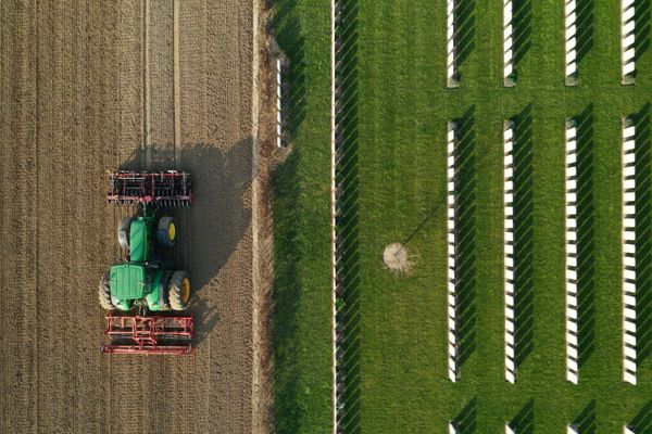 A French farmer drives his tractor to prepare the land before sugar beets sowing in Anneux, France, March 27, 2020. France appealed on Tuesday to workers laid off by the coronavirus (COVID-19) crisis to help farmers pick fruit and vegetables that will otherwise be left to rot in the fields due to a shortage of seasonal workers. Picture taken with a drone A French farmer drives his tractor to prepare the land before sugar beets sowing in Anneux, France, March 27, 2020. France appealed on Tuesday to workers laid off by the coronavirus (COVID-19) crisis to help farmers pick fruit and vegetables that will otherwise be left to rot in the fields due to a shortage of seasonal workers. Picture taken with a drone - Sputnik International