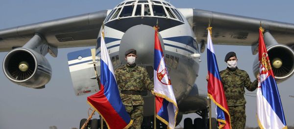 Russian military transport plane with medical supplies on the tarmac at Batajnica military airport near Belgrade Russian military transport plane with medical supplies on the tarmac at Batajnica military airport near Belgrade - Sputnik International
