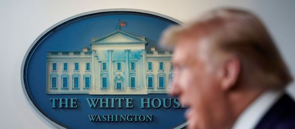 U.S. President Donald Trump speaks in front of the White House seal in the press briefing room during the daily coronavirus task force briefing at the White House in Washington, U.S., April 4, 2020 - Sputnik International