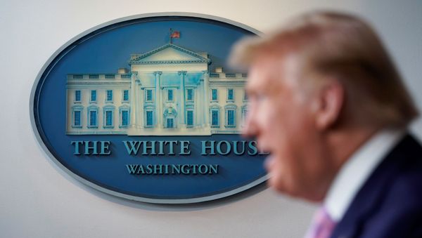 U.S. President Donald Trump speaks in front of the White House seal in the press briefing room during the daily coronavirus task force briefing at the White House in Washington, U.S., April 4, 2020 U.S. President Donald Trump speaks in front of the White House seal in the press briefing room during the daily coronavirus task force briefing at the White House in Washington, U.S., April 4, 2020 - Sputnik International
