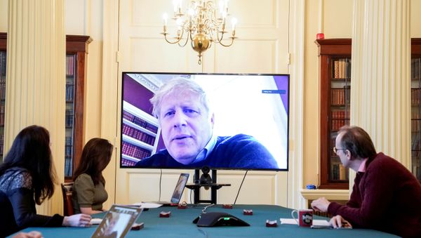 Britain's Prime Minister Boris Johnson appears on a monitor for the coronavirus disease (COVID-19) meeting in London, Britain March 28, 2020 Britain's Prime Minister Boris Johnson appears on a monitor for the coronavirus disease (COVID-19) meeting in London, Britain March 28, 2020 - Sputnik International