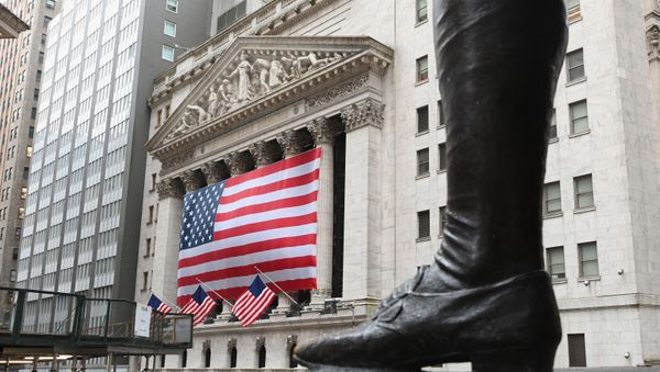  In this file photo a view of the New York Stock Exchange is seenon Wall Street on March 23, 2020 in New York City. - Wall Street stocks opened higher April 7, 2020, surging for a second straight session amid hopes governments are making progress in combatting the spread of the coronavirus. About five minutes into trading, the Dow Jones Industrial Average stood at 23,469.83, up nearly 800 points or 3.5 percent.The broad-based S&P 500 jumped 3.1 percent to 2,744.91, while the tech-rich Nasdaq Composite Index gained 2.6 percent to 8,115.27. - Sputnik International