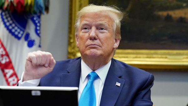 U.S. President Donald Trump gestures as he speaks during a small business relief update video conference call event with banking executives to discuss the U.S. government's rescue program for businesses hurt by the coronavirus pandemic, in the Roosevelt Room at the White House in Washington, U.S., April 7, 2020 - Sputnik International