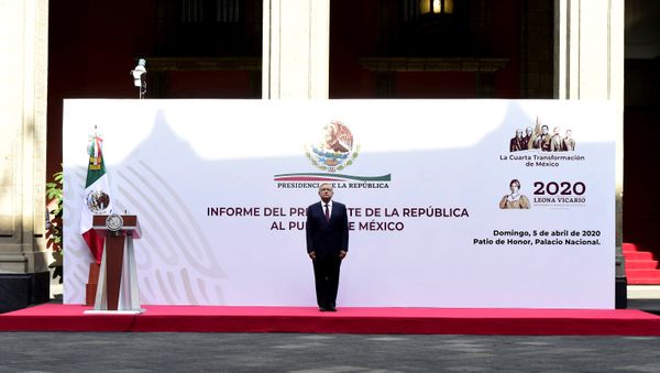 Mexico's President Andres Manuel Lopez Obrador sings the national anthem before the presentation of a plan to lift the economy out of the coronavirus crisis, at the National Palace in Mexico City, Mexico April 5, 2020 Mexico's President Andres Manuel Lopez Obrador sings the national anthem before the presentation of a plan to lift the economy out of the coronavirus crisis, at the National Palace in Mexico City, Mexico April 5, 2020 - Sputnik International