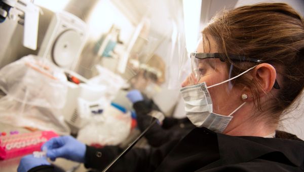 Kylene Karnuth, a clinical lab scientist, works with coronavirus samples as researchers begin a trial to see whether malaria treatment hydroxychloroquine can prevent or reduce the severity of the coronavirus disease (COVID-19), at the University of Minnesota in Minneapolis, Minnesota, U.S. March 19, 2020. - Sputnik International