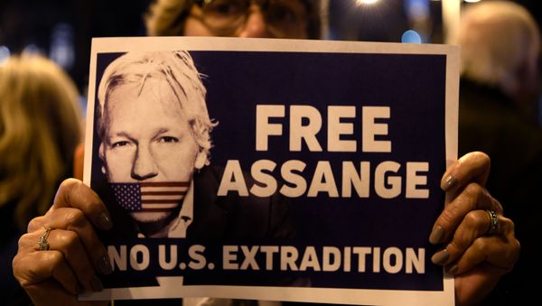 A demonstrator holds a sign during a protest called by Catalan National Assembly (ANC) under the motto Journalism is not a crime to support WikiLeaks founder Julian Assange in Barcelona on February 24, 2020. - Sputnik International