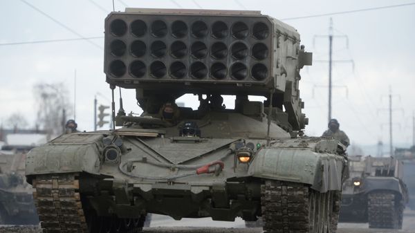 The TOS-1 Solntsepyok (Blazing Sun) multiple rocket launcher of the Yekaterinburg garrison of the Central Military District during a rehearsal of the Victory Parade in Yekaterinburg to mark the 75th anniversary of Victory in the Great Patriotic War - Sputnik International