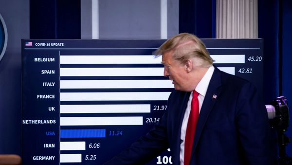 U.S. President Donald Trump speaks as he points towards China on a chart showing daily mortality cases during the daily coronavirus task force briefing at the White House in Washington, U.S., April 18, 2020 U.S. President Donald Trump speaks as he points towards China on a chart showing daily mortality cases during the daily coronavirus task force briefing at the White House in Washington, U.S., April 18, 2020 - Sputnik International