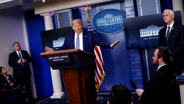 U.S. President Donald Trump speaks as U.S. Vice President Mike Pence listens during the daily coronavirus disease (COVID-19) task force briefing at the White House in Washington, U.S., April 19, 2020 - Sputnik International