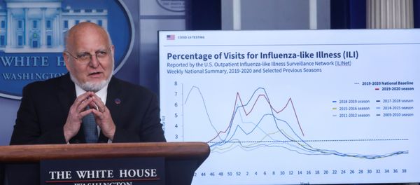 Centers for Disease Control (CDC) Director Robert Redfield explains illness surveillance programs in the United States in front of a chart showing statistics of patients seeking treatment for influenza-like illnesses during the daily coronavirus task force briefing at the White House in Washington, U.S., April 17, 2020. Centers for Disease Control (CDC) Director Robert Redfield explains illness surveillance programs in the United States in front of a chart showing statistics of patients seeking treatment for influenza-like illnesses during the daily coronavirus task force briefing at the White House in Washington, U.S., April 17, 2020. - Sputnik International