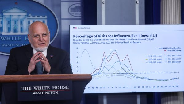 Centers for Disease Control (CDC) Director Robert Redfield explains illness surveillance programs in the United States in front of a chart showing statistics of patients seeking treatment for influenza-like illnesses during the daily coronavirus task force briefing at the White House in Washington, U.S., April 17, 2020. Centers for Disease Control (CDC) Director Robert Redfield explains illness surveillance programs in the United States in front of a chart showing statistics of patients seeking treatment for influenza-like illnesses during the daily coronavirus task force briefing at the White House in Washington, U.S., April 17, 2020. - Sputnik International
