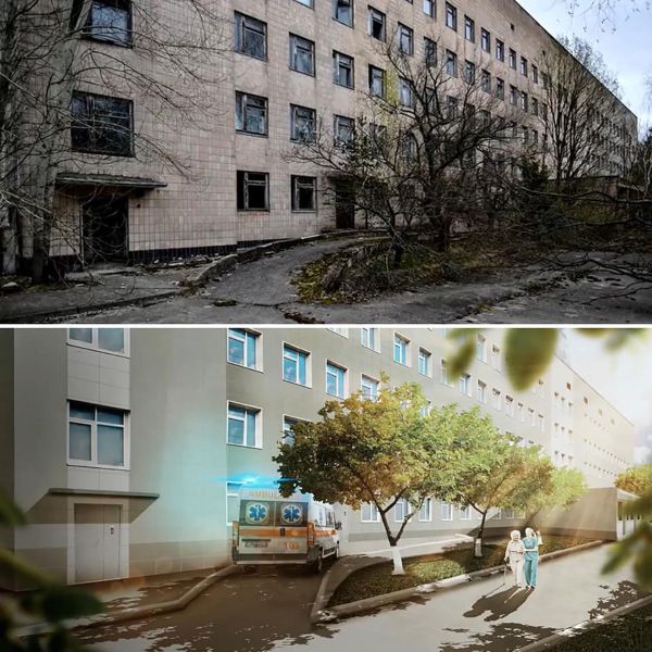 A hospital in Pripyat, Ukraine after the Chernobyl disaster (left) and the artist's impression (right) of how it would look if the disaster never happened A hospital in Pripyat, Ukraine after the Chernobyl disaster (left) and the artist's impression (right) of how it would look if the disaster never happened - Sputnik International