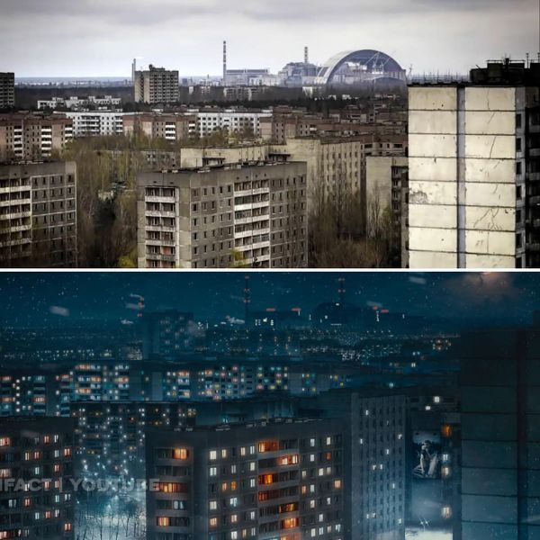 Houses in Pripyat nowadays (top) and the artist's impression (bottom) of how they would look if the disaster never happened Houses in Pripyat nowadays (top) and the artist's impression (bottom) of how they would look if the disaster never happened - Sputnik International