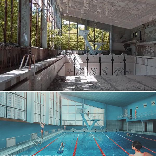 A pool in Pripyat, Ukraine today (left) and the artist's impression (right) of how it would look if the disaster never happened A pool in Pripyat, Ukraine today (left) and the artist's impression (right) of how it would look if the disaster never happened - Sputnik International