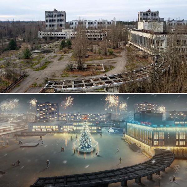 The city's square today (left) and the artist's impression (right) of how it would look if the disaster never happened The city's square today (left) and the artist's impression (right) of how it would look if the disaster never happened - Sputnik International