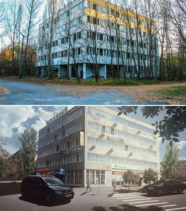 Photos of a building in Pripyat, Ukraine after the Chernobyl disaster (left) and the artist's impression (right) of how it would look if the disaster never happened Photos of a building in Pripyat, Ukraine after the Chernobyl disaster (left) and the artist's impression (right) of how it would look if the disaster never happened - Sputnik International