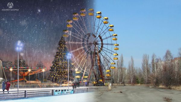 An observation wheel in one of the city's park today (left) and the artist's impression (right) of how it would look if the disaster never happened An observation wheel in one of the city's park today (left) and the artist's impression (right) of how it would look if the disaster never happened - Sputnik International