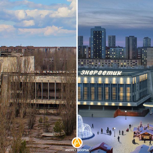 The community centre in Pripyat, Ukraine after the Chernobyl disaster (left) and the artist's impression (right) of how it would look if the disaster never happened The community centre in Pripyat, Ukraine after the Chernobyl disaster (left) and the artist's impression (right) of how it would look if the disaster never happened - Sputnik International