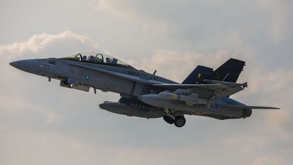 A F/A-18D Hornet with Marine All Weather Fighter Attack Squadron 242 loaded with AGM-84D Harpoon missiles takes off from Marine Corps Air Station (MCAS) Iwakuni Japan, April 28, 2020. - Sputnik International