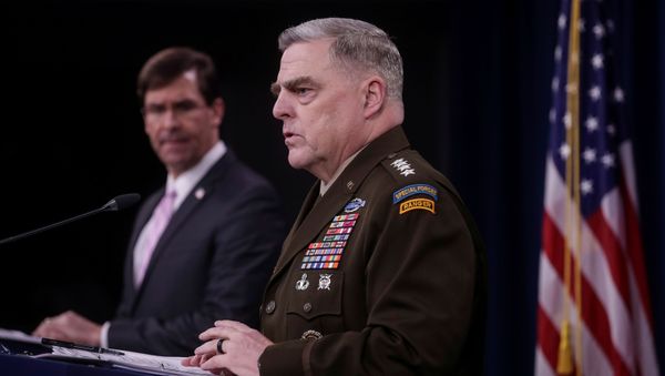 U.S. Defense Secretary Mark Esper listens as Joint Chiefs Chairman Army Gen. Mark Milley addresses a news conference at the Pentagon in Arlington, Virginia, U.S., April 14, 2020. - Sputnik International
