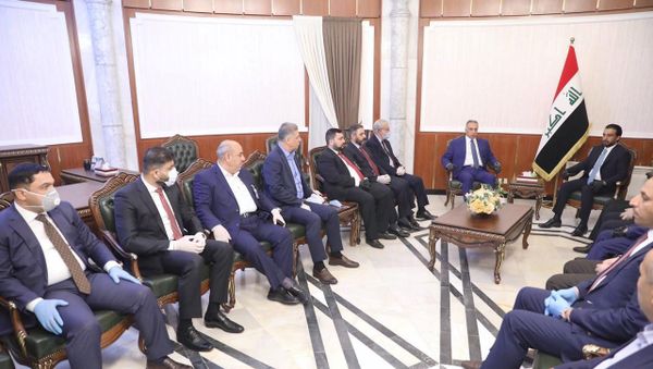 The speaker of Iraq's parliament Mohammed al-Halbousi meets with Iraqi Prime Minister-designate Mustafa al-Kadhimi before the vote on the new government at the parliament headquarters in Baghdad, Iraq, May 6, 2020. The speaker of Iraq's parliament Mohammed al-Halbousi meets with Iraqi Prime Minister-designate Mustafa al-Kadhimi before the vote on the new government at the parliament headquarters in Baghdad, Iraq, May 6, 2020. - Sputnik International