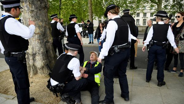 An anti lockdown protester is detained by police officers in London following the outbreak of the coronavirus disease (COVID-19), London, Britain, May 2, 2020. REUTERS/Toby Melville REFILE - CORRECTING CAPTION - Sputnik International