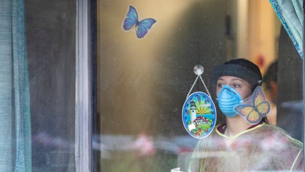 A worker looks out after police officers placed butterfly stickers on windows at Orchard Villa Retirement Residence on Mother's Day, after several residents died of the coronavirus disease (COVID-19) in Pickering, Ontario, Canada May 10, 2020 - Sputnik International