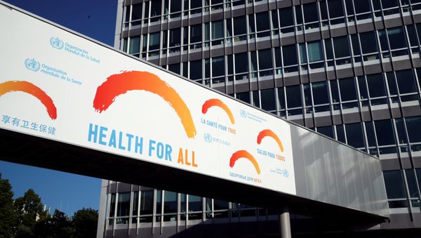 A banner is pictured at the headquarters of the World Health Organization (WHO) during the World Health Assembly (WHA) following the outbreak of the coronavirus disease (COVID-19) in Geneva, Switzerland, May 18, 2020.  - Sputnik International