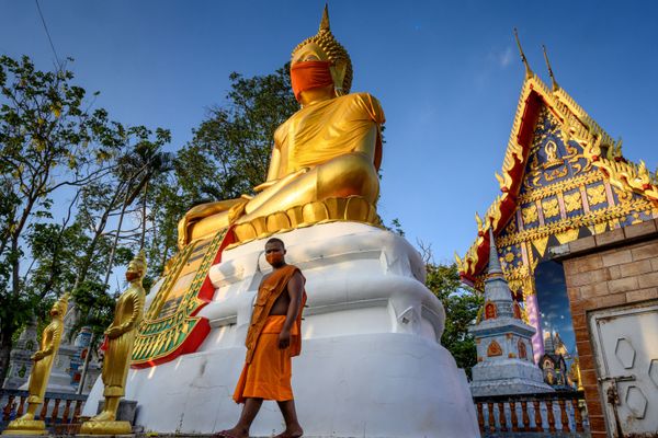A monk walks in front of a giant Buddha statue wearing a face mask at Wat Nithet Rat Pradit temple in Pathum Thani outside Bangkok on 12 May 2020 A monk walks in front of a giant Buddha statue wearing a face mask at Wat Nithet Rat Pradit temple in Pathum Thani outside Bangkok on 12 May 2020 - Sputnik International