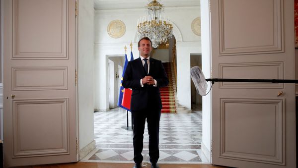 French President Emmanuel Macron delivers a statement after an international videoconference on vaccination at the Elysee Palace in Paris during the outbreak of the coronavirus disease (COVID-19) in France, May 4, 2020 - Sputnik International