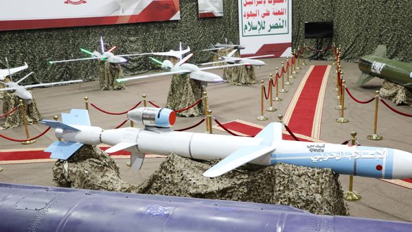 Missiles and drone aircrafts are put on display at an exhibition at an unidentified location in Yemen in this undated handout photo released by the Houthi Media Office July 9, 2019 Missiles and drone aircrafts are put on display at an exhibition at an unidentified location in Yemen in this undated handout photo released by the Houthi Media Office July 9, 2019 - Sputnik International
